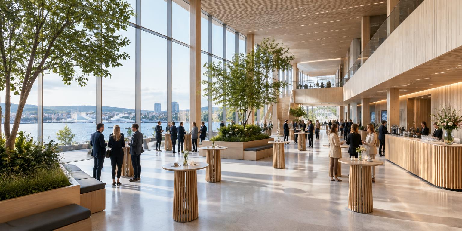 Illustrative Scandinavian conference venue with people connecting